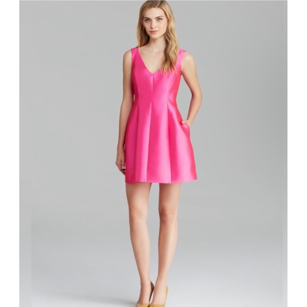 Kate Spade Hot Pink Structured Silk Mini Dress V-Neck Fit Flare Pockets Size 0